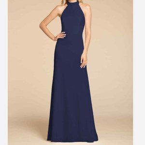 New Haley Paige 5900 Indigo Navy Blue Halter Full Length Strappy Back Dress